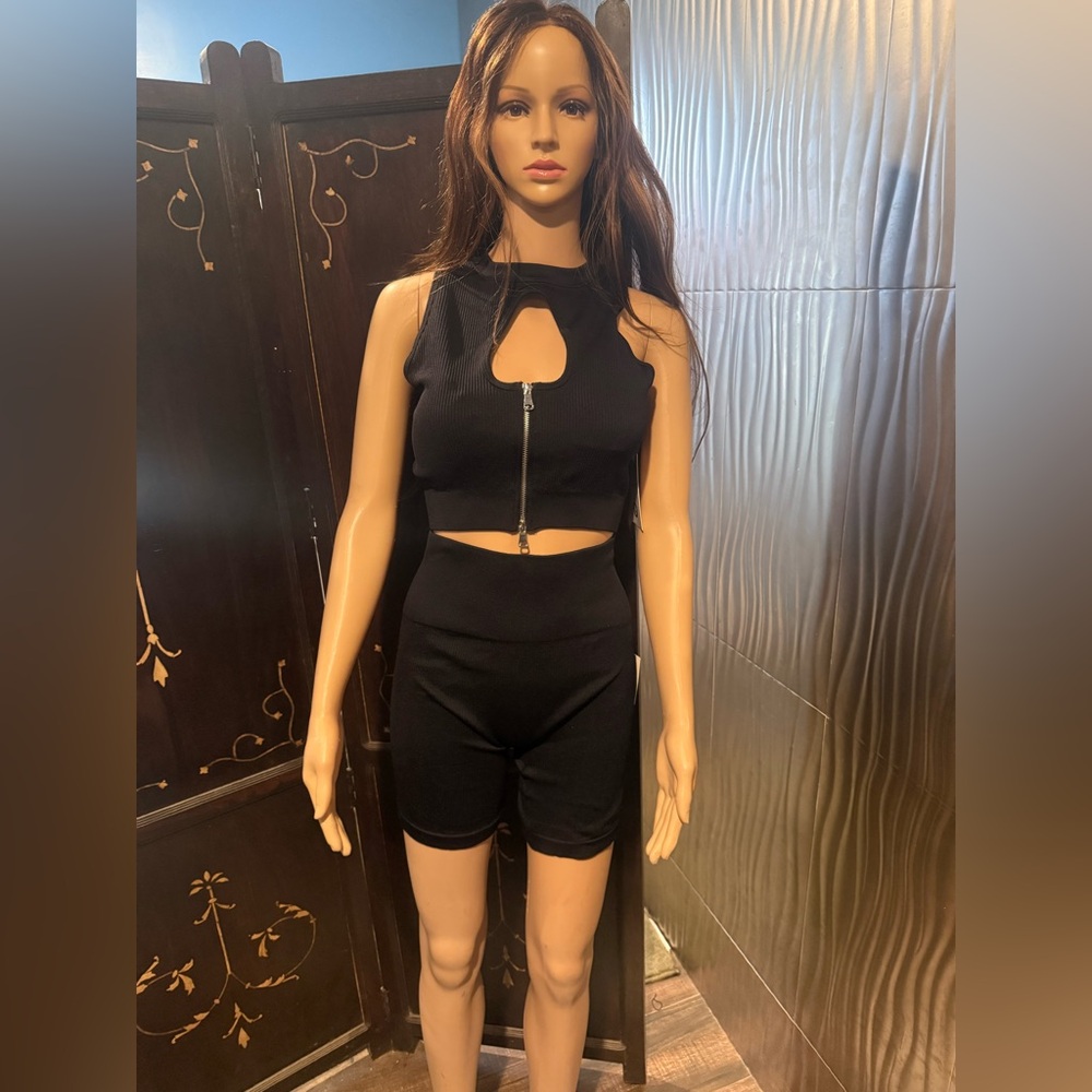 Black Cutout Zip-Up Top and Shorts Set